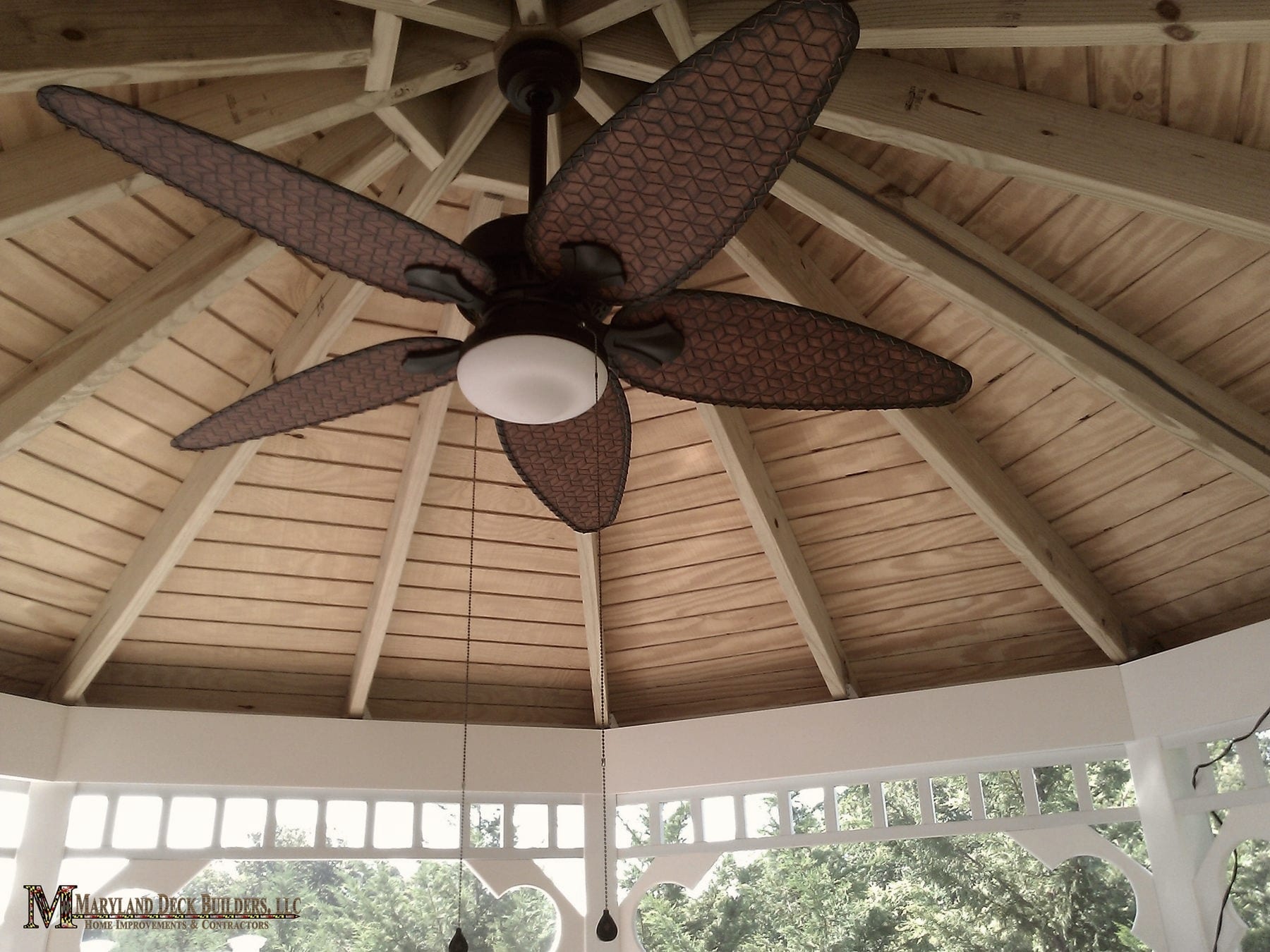 Looking up into the timber ceiling of a gazebo built by Maryland Deck Builders